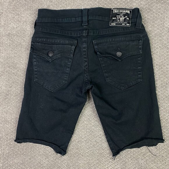 True Religion Ricky Relaxed Straight Jean Shorts Men's 32 Black Flap Raw Hem - Picture 2 of 10